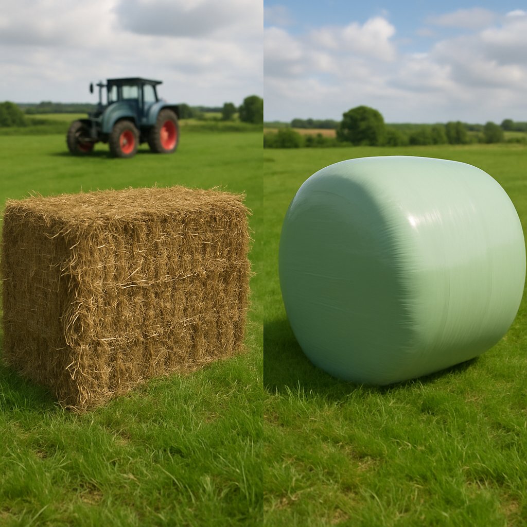 Difference between hay and haylage bales in a field