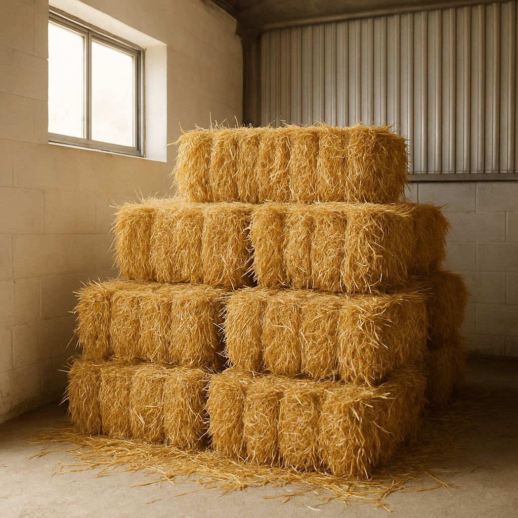 Fresh straw bale bedding in a clean stable