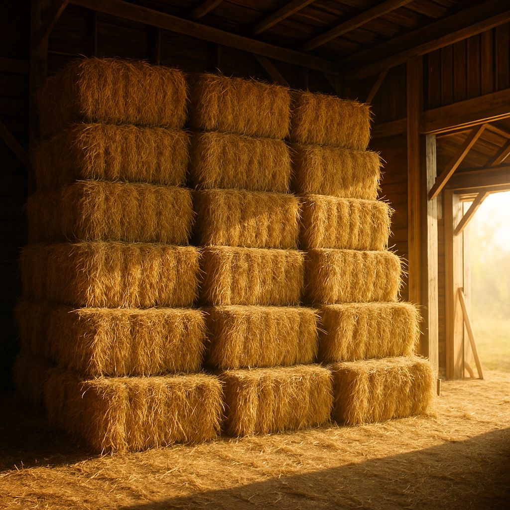A large stack of golden rye grass hay bales under a sunny sky