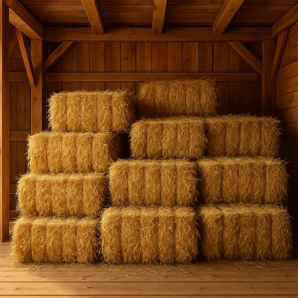 Small Bale Hay stacked neatly in a barn