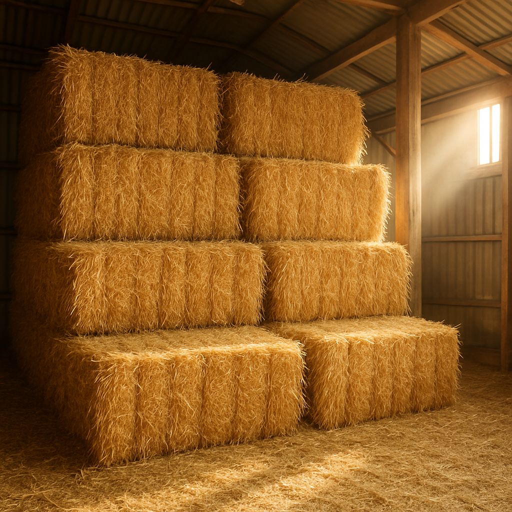 Golden bales of straw stacked outdoors on a farm